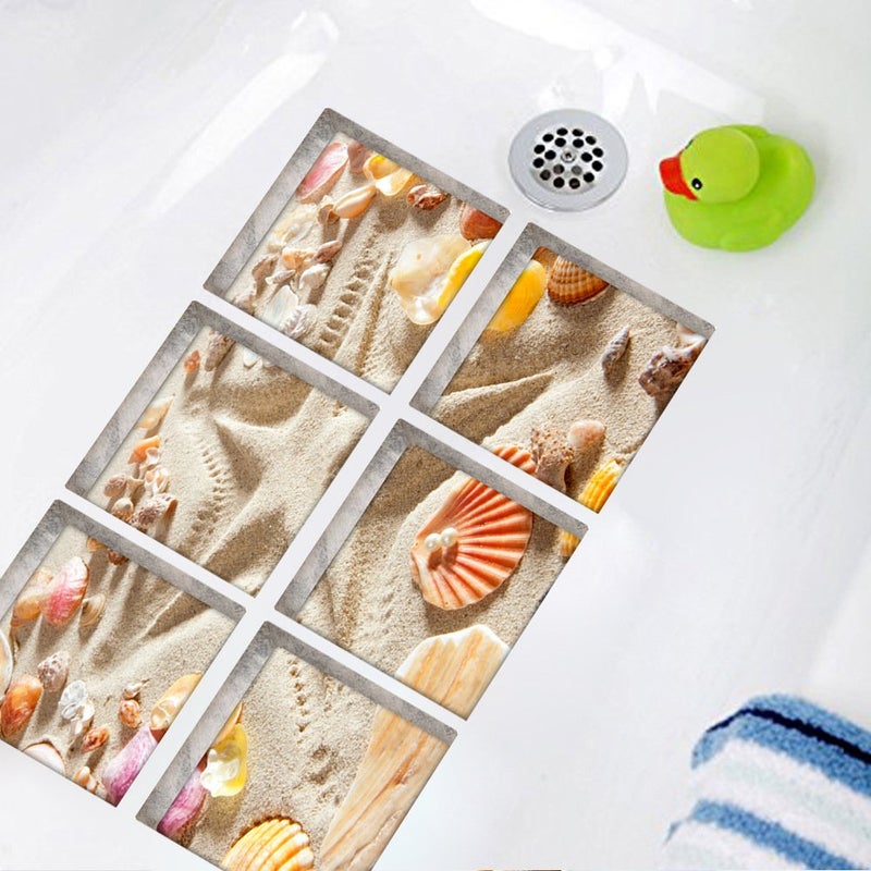 ChezMax Bath Treads Stickers Beach Pattern Square 3D Adhesive Anti Slip Tub Tattoos Safety Decals Mat Waterproof Shower Tub Sticker Bathtub Appliques for Bath Pools Home Decor 6 Pcs 5.9" X 5.9" - Image 1